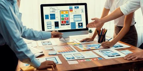 Creative front-end developer brainstorming UI design. Scrutinize 스톡 사진