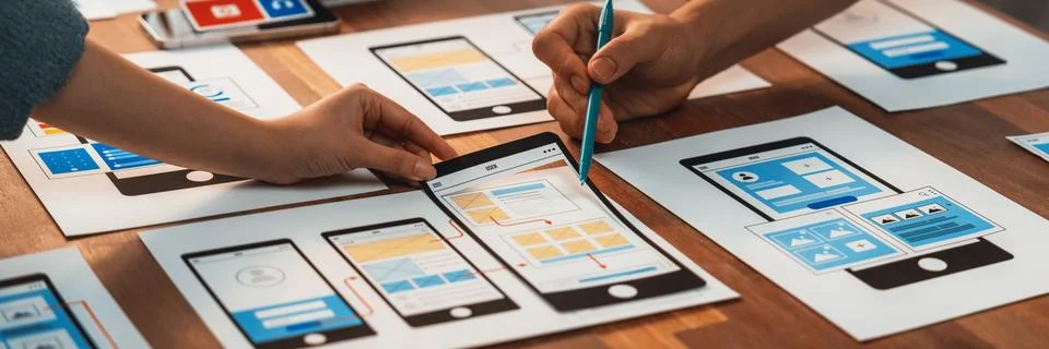 Creative front-end developer brainstorming UI design. Scrutinize Stock Photos