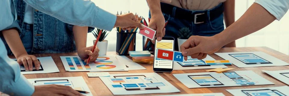 Creative front-end developer brainstorming UI design. Scrutinize Stock Photos