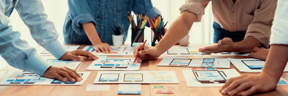 Creative front-end developer brainstorming UI design. Scrutinize Stock Photos