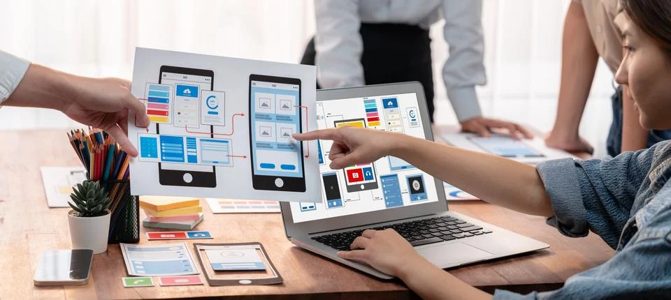 Creative front-end developer brainstorming UI design. Scrutinize Stock Photos