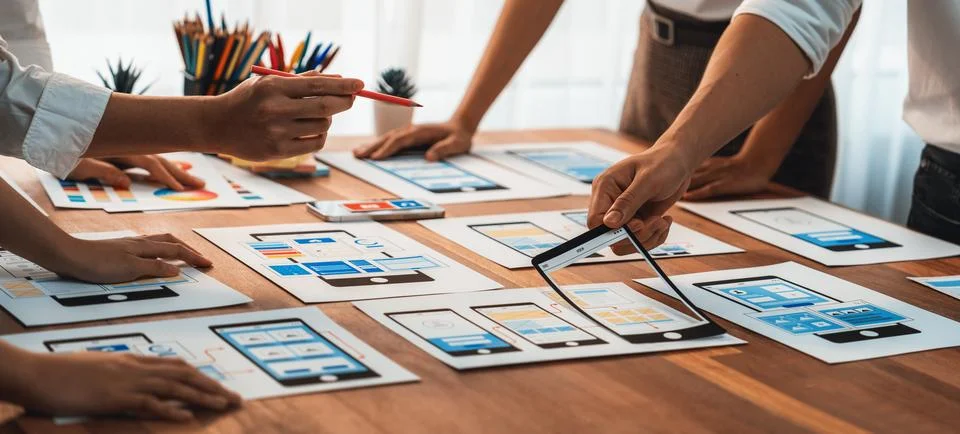 Creative front-end developer brainstorming UI design. Scrutinize Stock Photos