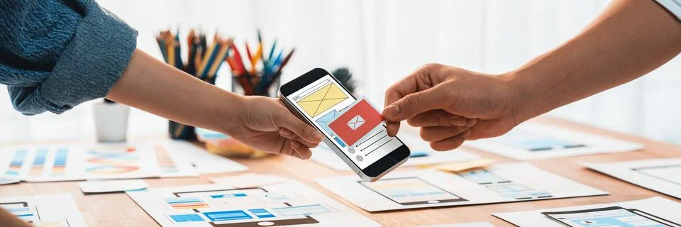 Creative front-end developer brainstorming UI design. Scrutinize Stock Photos