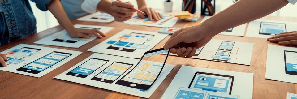 Creative front-end developer brainstorming UI design. Scrutinize Stock Photos