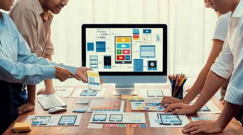 Creative front-end developer brainstorming UI design. Scrutinize Stock Photos