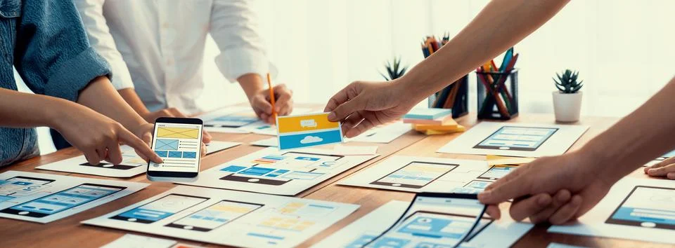 Creative front-end developer brainstorming UI design. Scrutinize Stock Photos