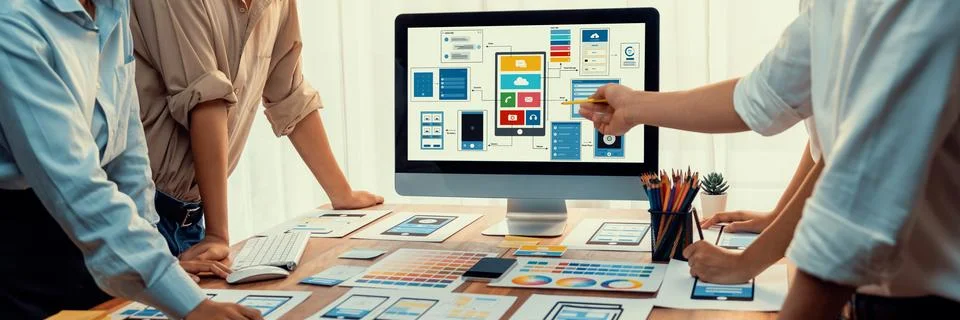 Creative front-end developer brainstorming UI design. Scrutinize Stock Photos