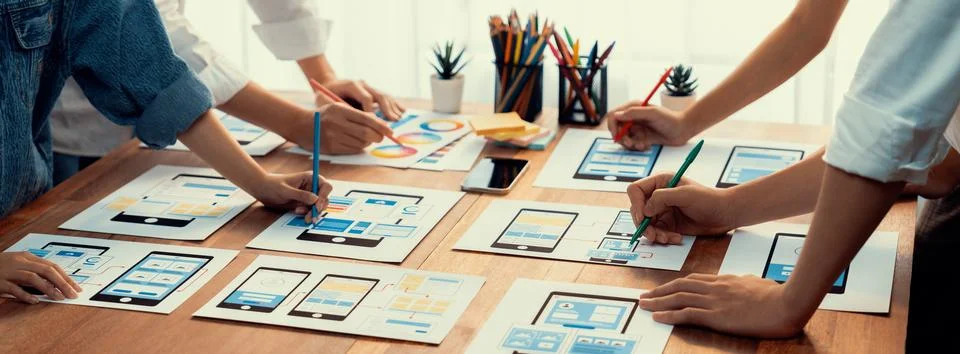 Creative front-end developer brainstorming UI design. Scrutinize Stock Photos