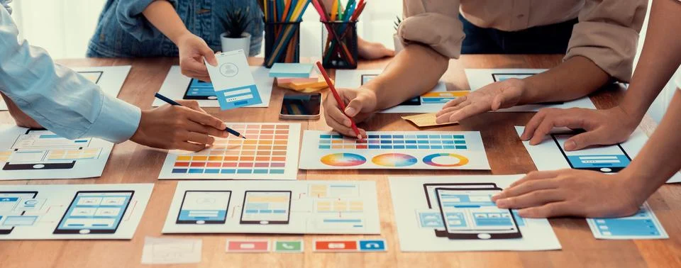 Creative front-end developer brainstorming UI design. Scrutinize Stock Photos