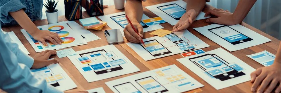 Creative front-end developer brainstorming UI design. Scrutinize Stock Photos