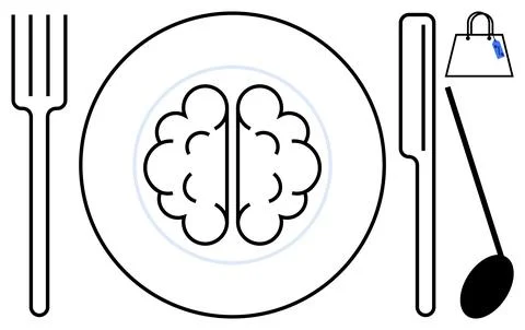 Creative fusion of dining concept with human brain placed on plate and cutl.. Stock Illustration