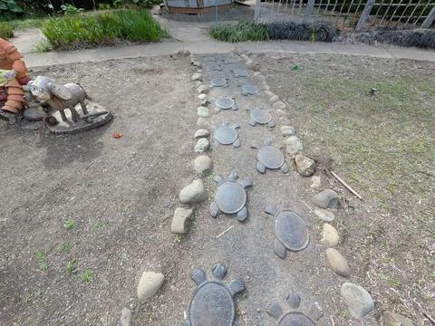Creative garden landscape featuring decorative turtle stepping stones Stock-Fotos