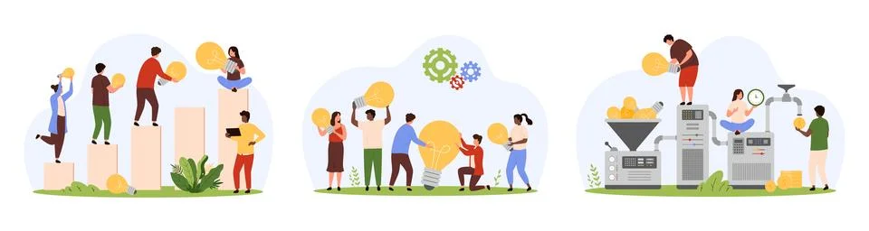 Creative genius solution development by tiny people, team cooperation in startup 스톡 일러스트