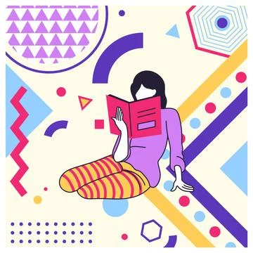 Creative geometric card. Cartoon young character. Casual woman reading book. Stock Illustration
