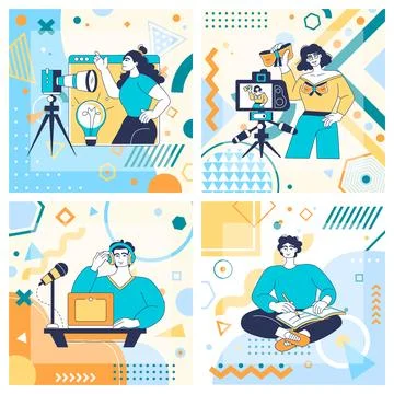 Creative geometric cards. People create social media content. Woman recording Stock Illustration