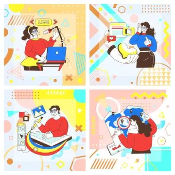 Creative geometric cards. People create social media content. Woman recording Stock Illustration