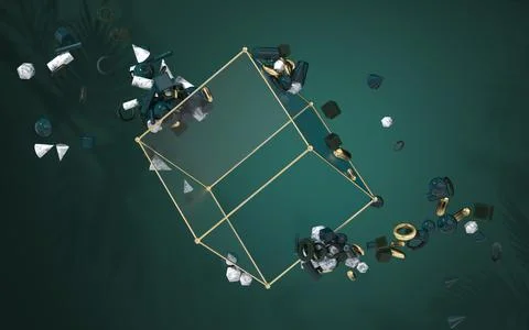 The creative geometries with glass cube, 3d rendering. Stock Illustration