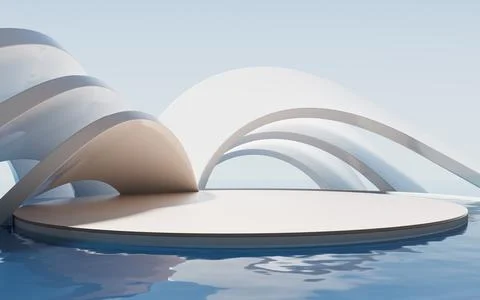 Creative geometry building with water surface, 3d rendering. Fotos de archivo