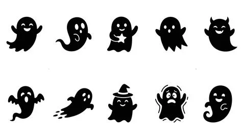 Creative ghost silhouette set including witch hat and star accessories for .. Stock Illustration