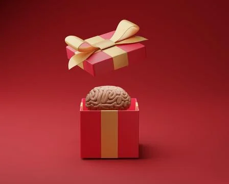 Creative gift concept. Gift box with brains inside. Red background. 3D render イラスト素材
