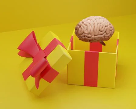 Creative gift concept. Gift box with brains inside. Red background. 3D render 스톡 일러스트