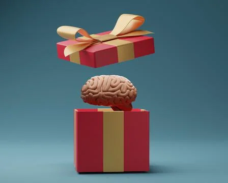 Creative gift concept. Gift box with brains inside. Blue background. 3D rende Stock Illustration