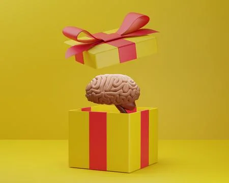 Creative gift concept. Gift box with brains inside. Yellow background. 3D ren Stockillustratie