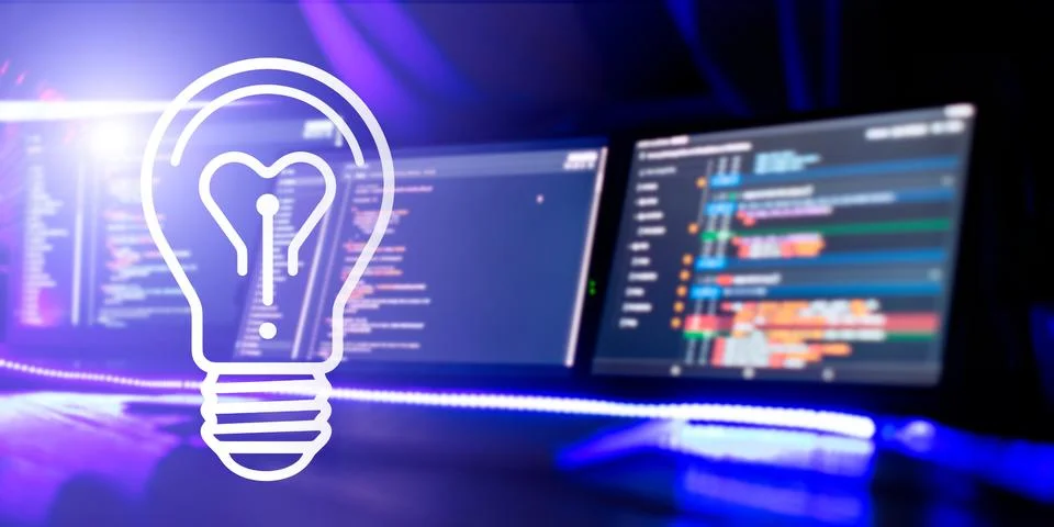 Creative glowing light bulb with computer program code on the screen. Techn.. Photos