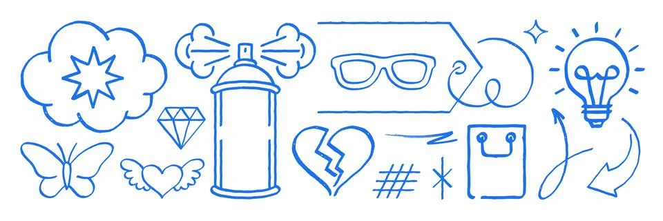Creative Graffiti Doodle Icons Vector Illustration Set Of Blue Sketch Element Stock Illustration