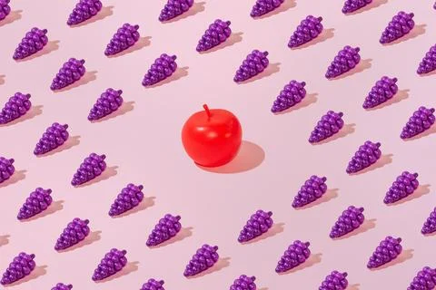 Creative grape and apple pattern flat lay pastel pink background minimalism 스톡 사진