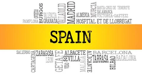 Creative Graphic Depicting Spain and Its Cities in Word Cloud Style Stock Illustration