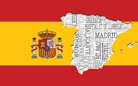 Creative Graphic Depicting Spain and Its Cities in Word Cloud Style Stock Illustration