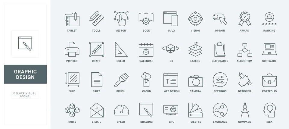 Creative graphic design, options and settings, cloud program editing line icons Stockillustratie