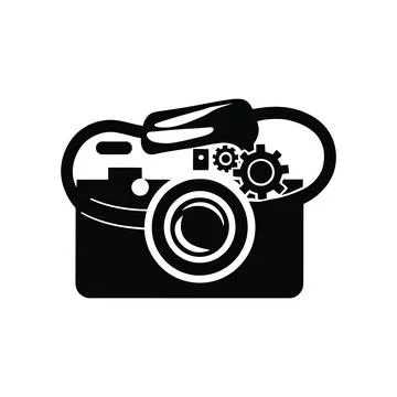 Creative graphic design of a retro camera silhouette with internal gears su.. Stock Illustration