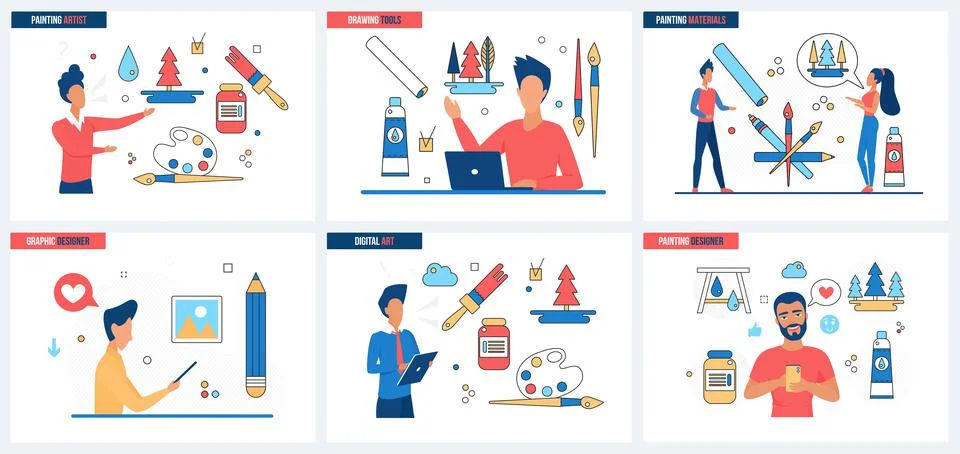 Creative graphic design set, freelancer drawing with digital tools to create Ilustración de archivo