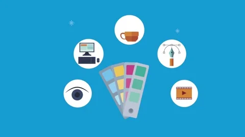 Creative graphic design tools and icons motion graphic animation over blue .. Stock Footage 334158229