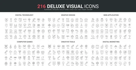 Creative graphic design tools, video games, marketing, web app development line Stock Illustration