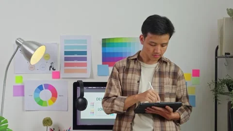 Creative graphic designer working on digital tablet in modern studio surrounded Stock Footage 337122035