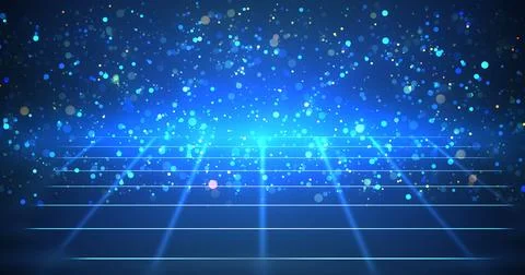 Creative grid placement with glittering shimmering particle dust flow. 3d u.. Illustrazione stock
