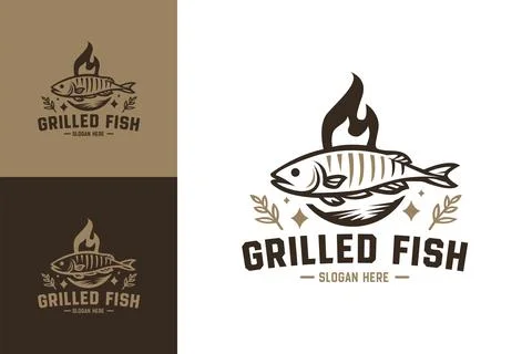 Creative Grilled Fish Logo Design with Brown Colors for Seafood Branding Stock-Illustration