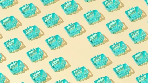 Creative grocery basket cart pattern flat lay on yellow background minimalism Video stock 331718476