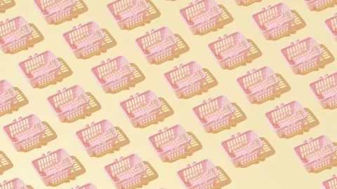 Creative grocery basket cart pattern flat lay on yellow background minimalism Stock Footage 331718482