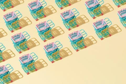 Creative grocery basket cart pattern flat lay on yellow background copy space Stock Photos