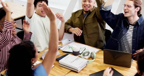 Creative, group or happy people with hands together in office for achievement Stock Footage 346676845