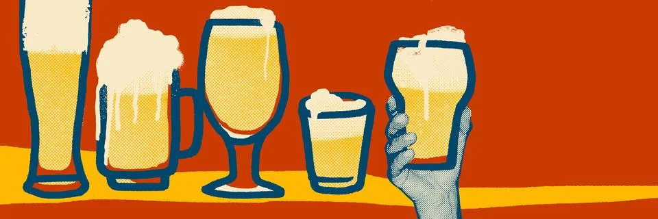 Creative halftone illustration. Row of five beer glasses stands against orange Stock Illustration