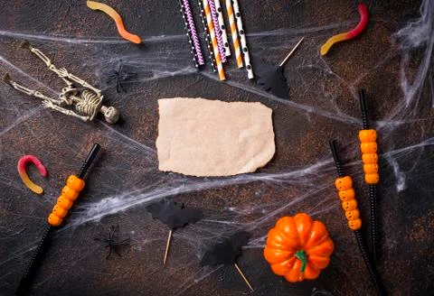 Creative Halloween background with different decor Stock Photos