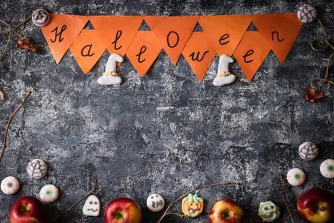 Creative Halloween background with themed marshmallows and apples. Place for  Stock Photos