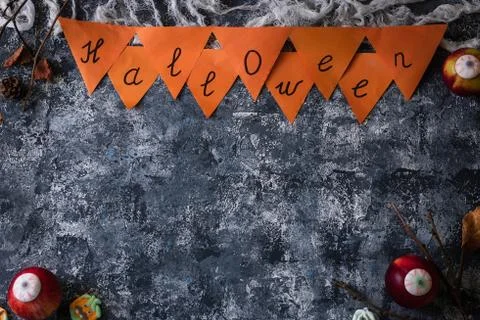 Creative Halloween background with themed marshmallows and apples. Place for  Stock Photos