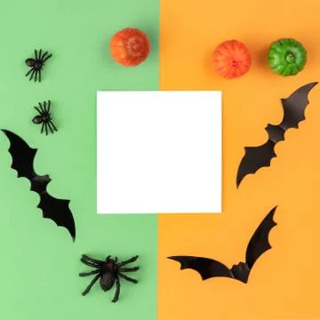 Creative Halloween composition. Pumpkins, bats, spiders and paper blank on or Stock Photos