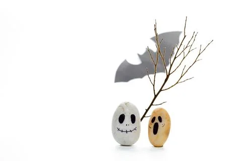 Creative Halloween Decorations Featuring Painted River Stones With Spooky F.. Stock Photos